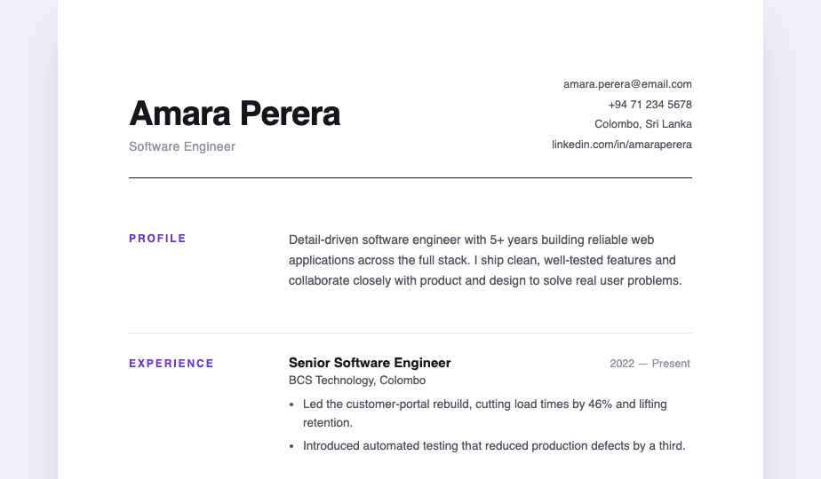 Minimal CV template preview